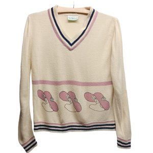 VINATGE 70S FANCY LADY V-NECK SWEATER, SEARS, IVORY, SIZE SMALL